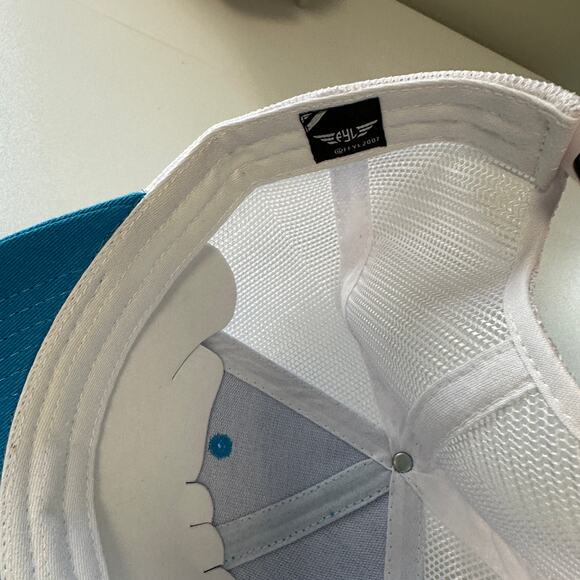 Y2K Live Fish or Die Blue White Trucker Hat Brown Leather Patch Adjustable New - Picture 4 of 5